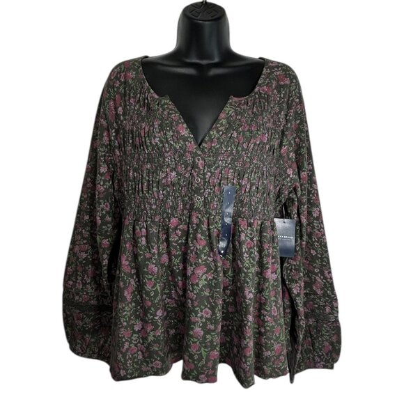 LUCKY BRAND Babydoll Top Sz L Black Pink Floral Textured Smock VNeck 100% Cotton - Picture 2 of 14